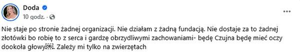 Doda reaguje na zarzuty wobec organizacji prozwierzęcych 