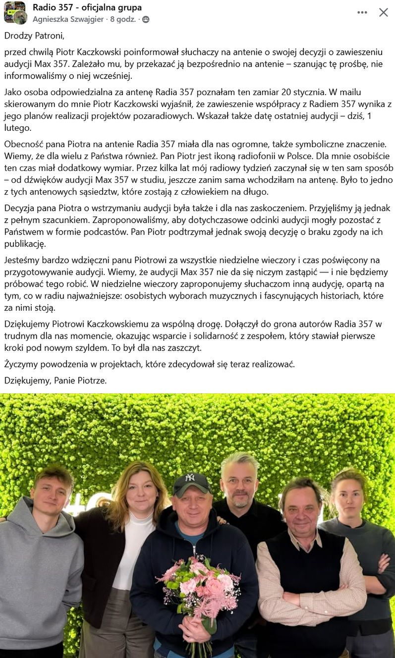 Wpis o odejściu Piotra Kaczkowskiego z Radia 357