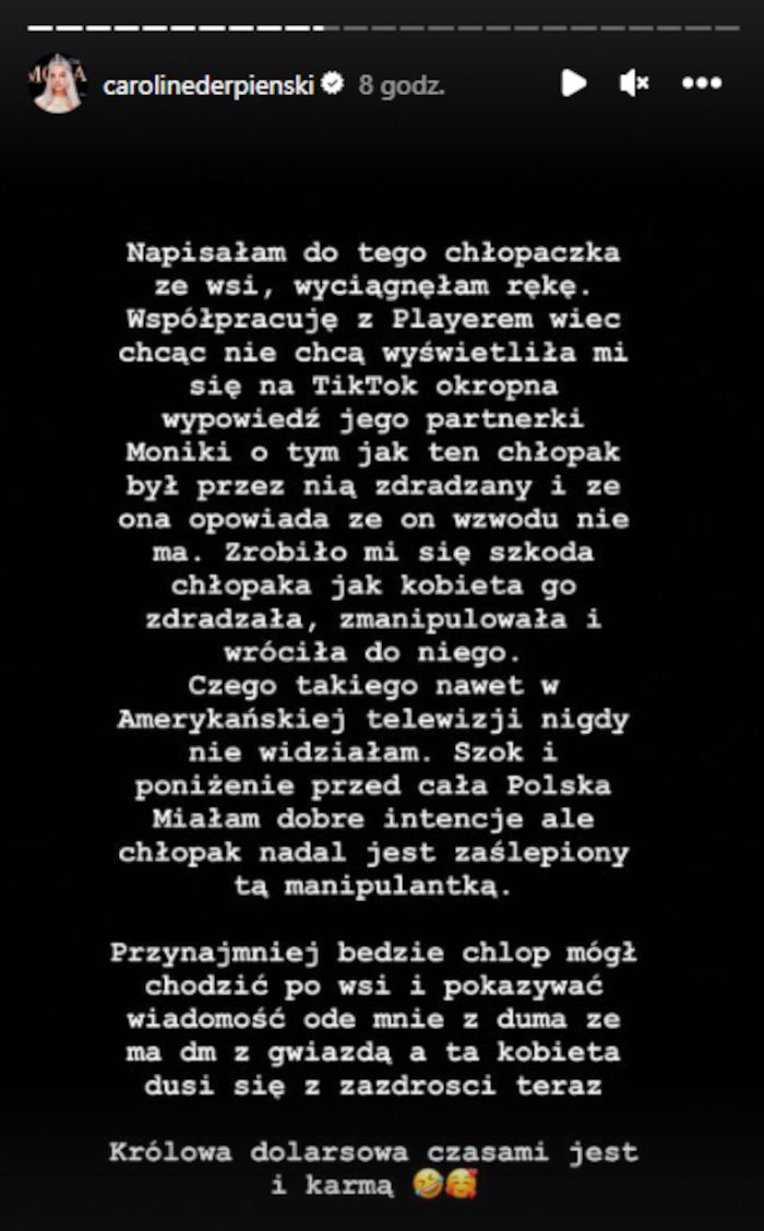 Caroline Derpienski tłumaczy się z afery wokół próby "kradzieży" męża uczestniczki show TVN-u
