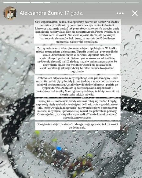 Aleksandra Żuraw opisuje incydent na autostradzie