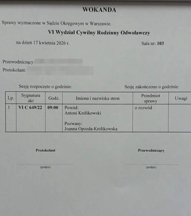 Rozprawa rozwodowa Joanny Opozdy i Antoniego Królikowskiego