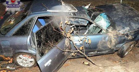 Wypadek niedaleko Zamościa. Pijana 27-latka uderzyła w drzewo. Samochód dachował