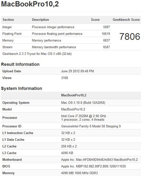Geekbench 2.3.3 - punktacja dla MacBooka Pro 13 z wyświetlaczem Retina i Core i7-3520M