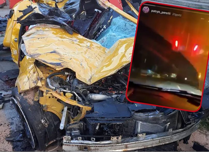 Na zdjęciu wrak roztrzaskanego w Krakowie samochodu - po prawej kadr z nagrania z profilu Patryka Peretti