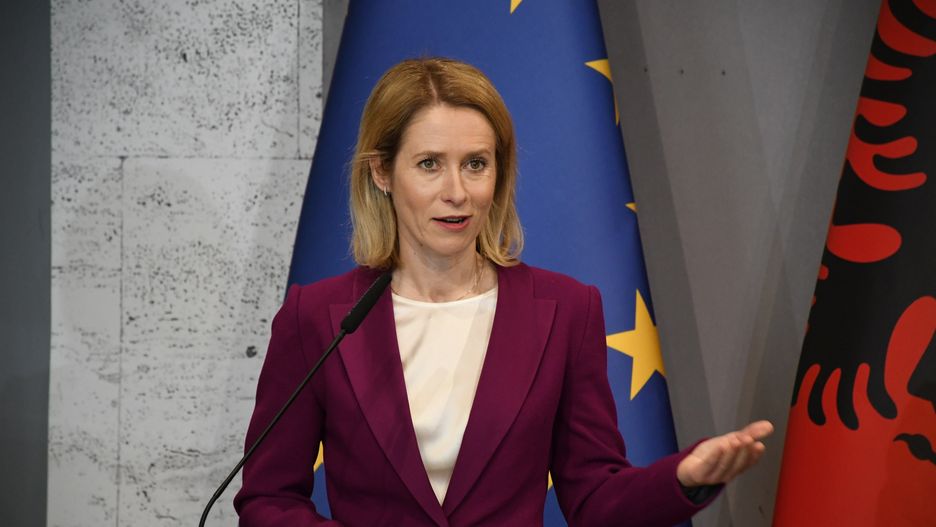 TIRANA, ALBANIA - APRIL 08: European Union (EU) Foreign Policy Chief Kaja Kallas and Albanian Prime Minister Edi Rama (not seen) hold a joint press conference in Tirana, Albania on April 08, 2025. (Photo by Olsi Shehu/Anadolu via Getty Images)