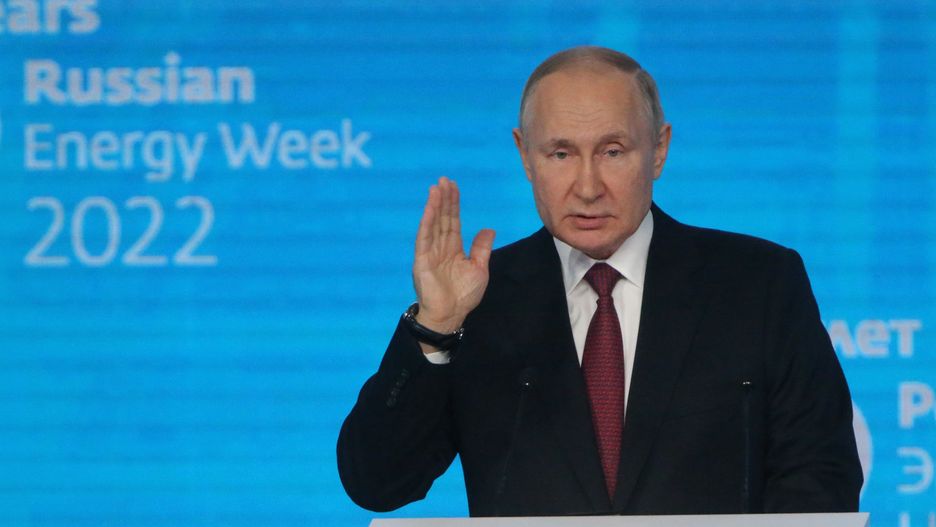 MOSCOW RUSSIA - OCTOBER 12: (RUSSIA OUT) Russian President Vladimir Putin speeches during the plenary session of the Russian Energy Week 2022, on October 12, 2022 in Moscow, Russia. Putin said during the conference with gas and oil companies representatives, that Russia could encrease gas supplies to Europe via a link of Germany-bounded Nord Stream 2 pipeline under the Baltic sea. (Photo by Contributor/Getty Images)