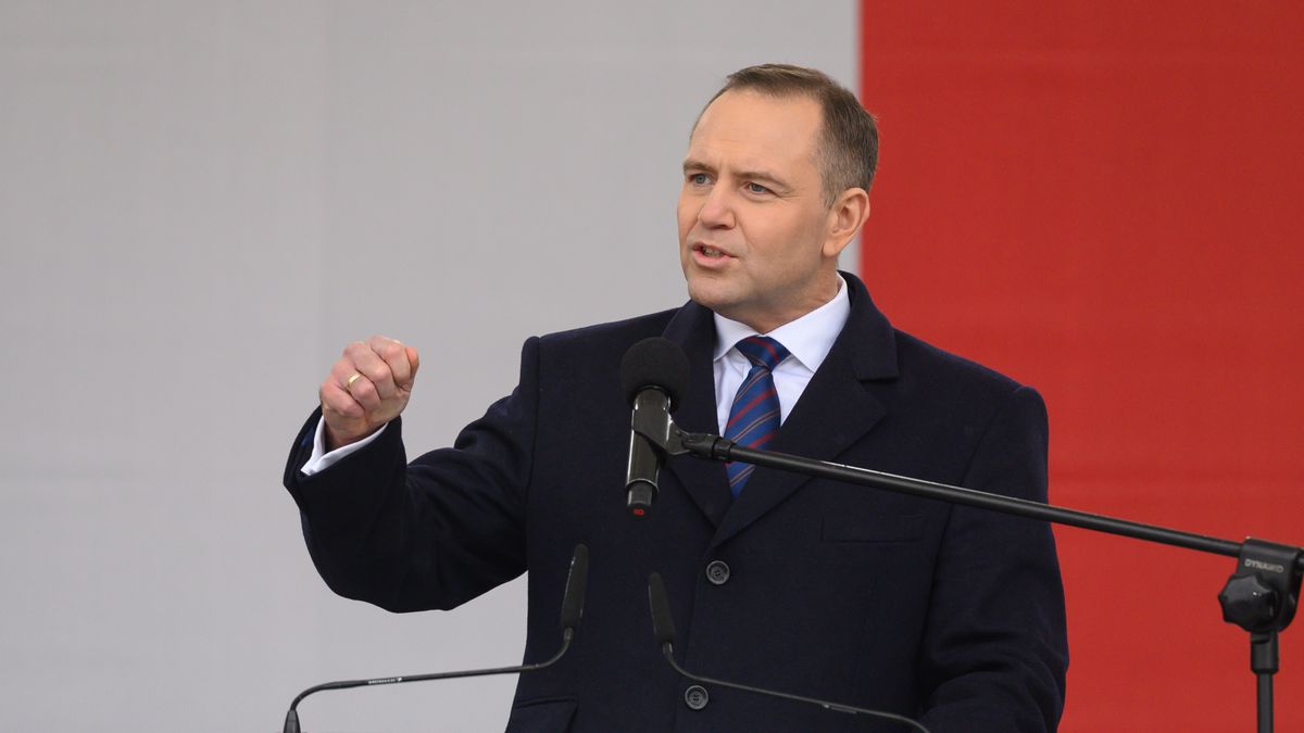 Poland's President Karol Nawrocki gestures as he speaks during the 100th anniversary of Warsaw's Tomb of the Unknown Soldier in Warsaw, Poland, on November 3, 2025.  (Photo by Aleksander Kalka/NurPhoto via Getty Images)
