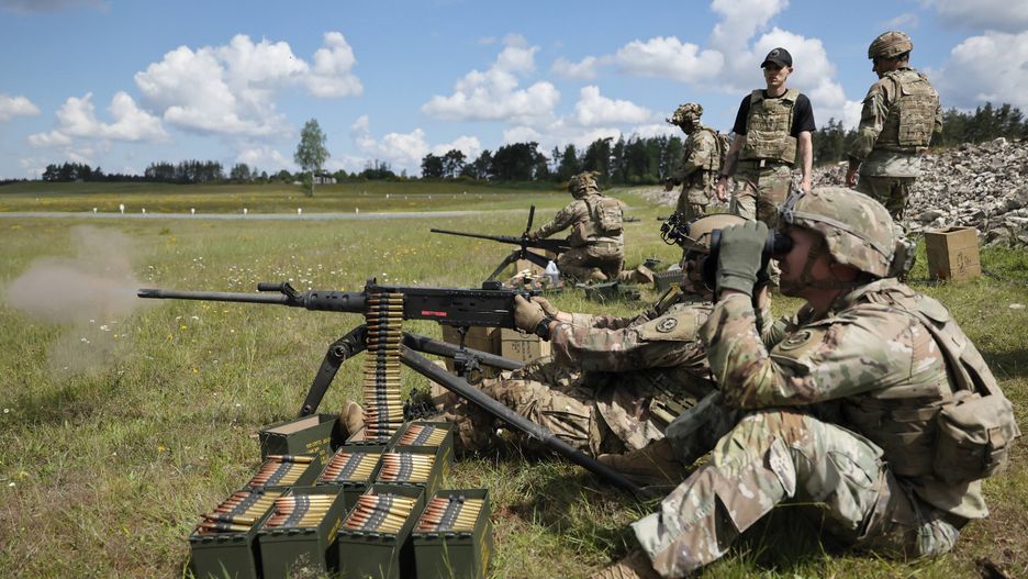 Combined US Army Training Center Heavy Weapons Leaders Course life fire event in Grafenwoehr
epa11362760 A soldier of the US Army fires a machine gun M2 Browning during a live fire event during the Combined Army Training Center Heavy Weapons Leaders Course in the military training area in Grafenwoehr, Germany, 23 May 2024. This event shows how the 7th Army Training Command Combined Arms Training Center facilitates and supports theater readiness as an Army accredited institution, which allows Soldiers in the region to attend Training and Doctrine Command (TRADOC) compliant instruction taught by certified instructors without having to return to the U.S.  EPA/RONALD WITTEK 
Dostawca: PAP/EPA.
RONALD WITTEK