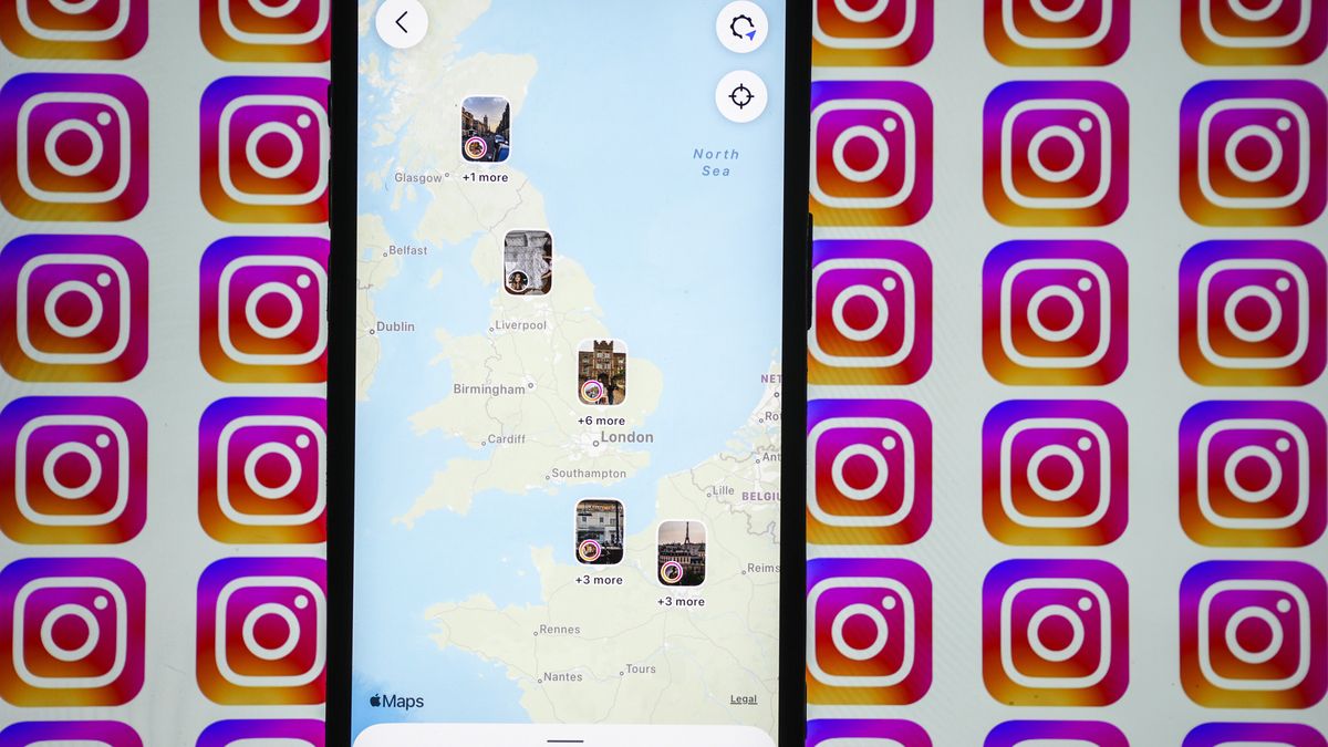 ANKARA, TURKIYE - AUGUST 14: In this photo illustration, the Instagram map is displayed on a mobile phone screen in front of computer screen displaying multiple Instagram logos, in Ankara, Turkiye on August 14, 2025. (Photo by Dilara Irem Sancar/Anadolu via Getty Images)
