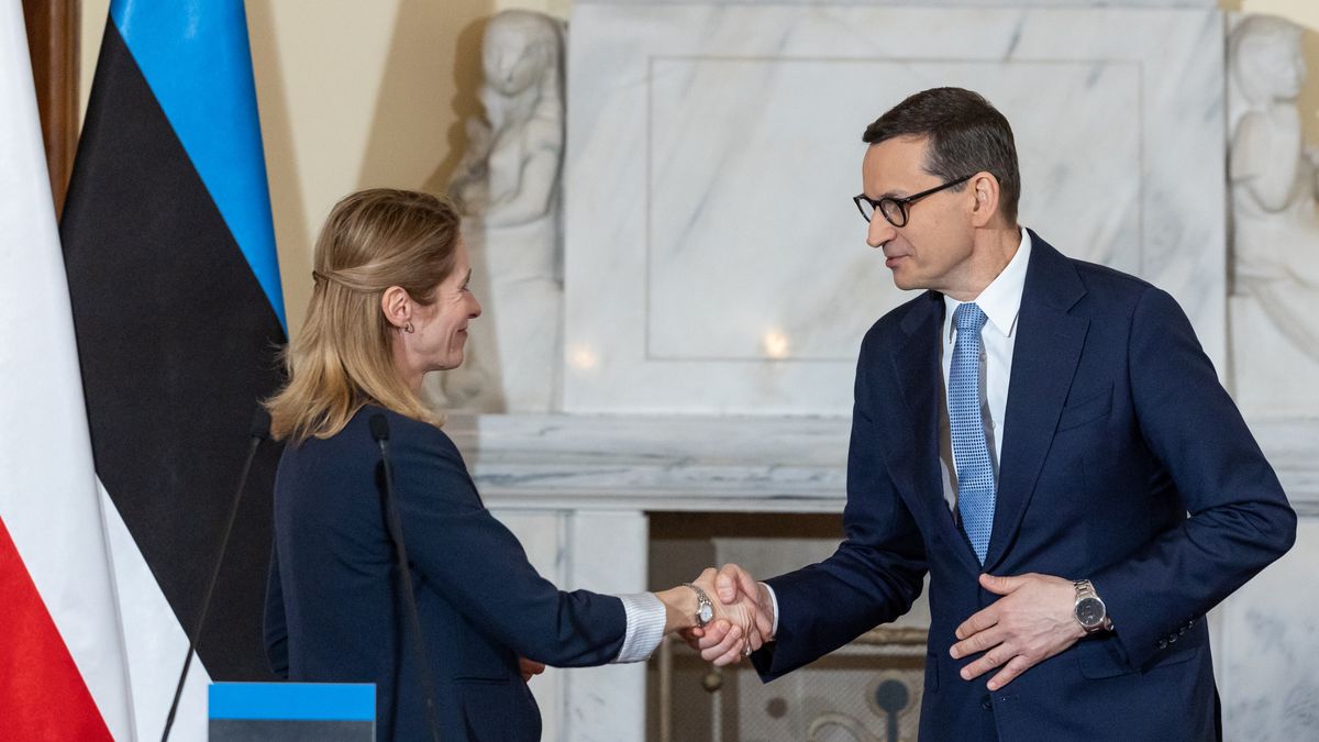 Kaja Kallas, Mateusz Morawiecki during official visit of Estonian Prime Minister in Poland in Warsaw, Poland on April 25, 2023. (Photo by Foto Olimpik/NurPhoto via Getty Images)