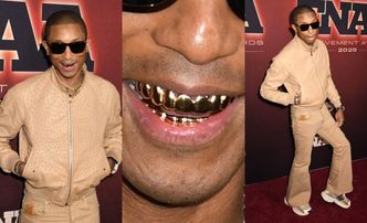 52-letni Pharrell Williams w kurtce ze skóry strusia oślepia ZŁOTYMI zębami na ściance (ZDJĘCIA)