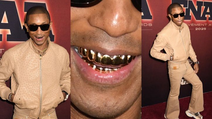 Pharrell Williams oślepia złotym uśmiechem na ściance