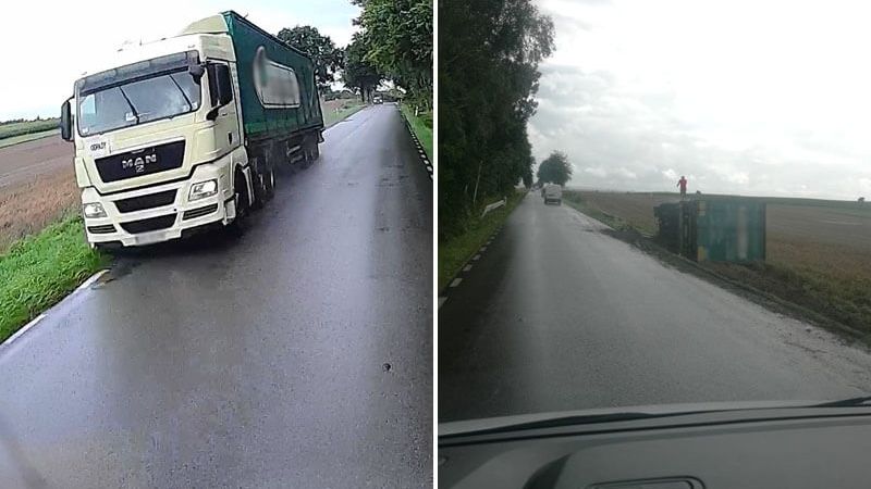 Ciężarówka przewróciła się na bok w miejscowości Łączki-Pawłówek