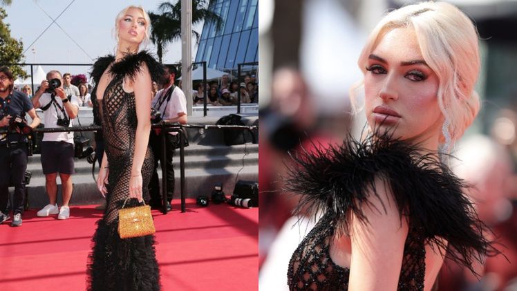 Caroline Derpienski w prześwitującej kreacji z piórami przykuwa 