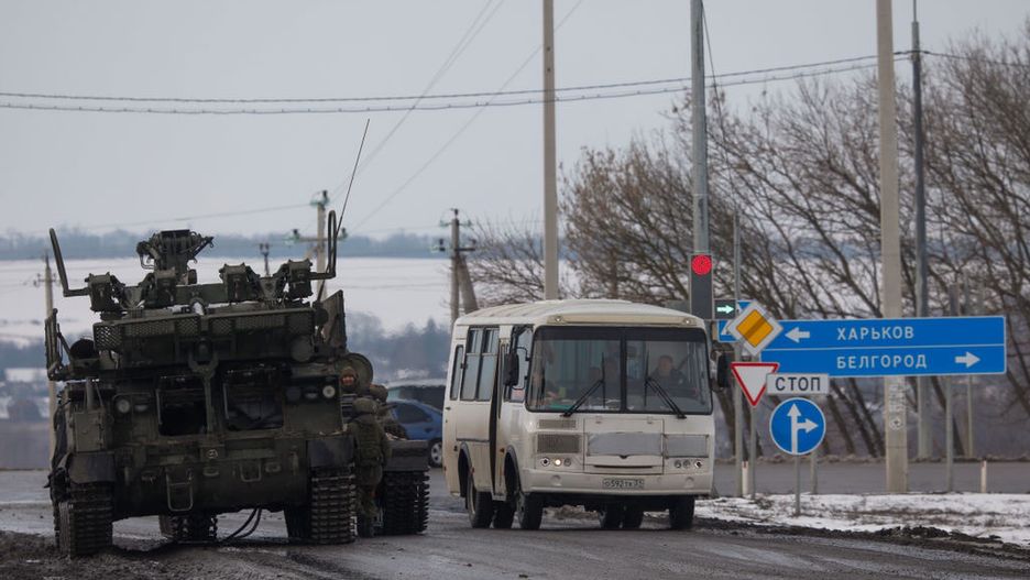 Military hardware moves across Belgorod Region, RussiaBELGOROD REGION, RUSSIA - FEBRUARY 26, 2022: A column of Russian military vehicles is seen near the village of Oktyabrsky, Belgorod Region, near the Russian-Ukrainian border. Early on 24 February, Russia's President Putin announced his decision to launch a special military operation after considering requests from the leaders of the Donetsk People's Republic and the Lugansk People's Republic. Anton Vergun/TASS (Photo by Anton Vergun\TASS via Getty Images)Anton Verguneast ukraine, operation