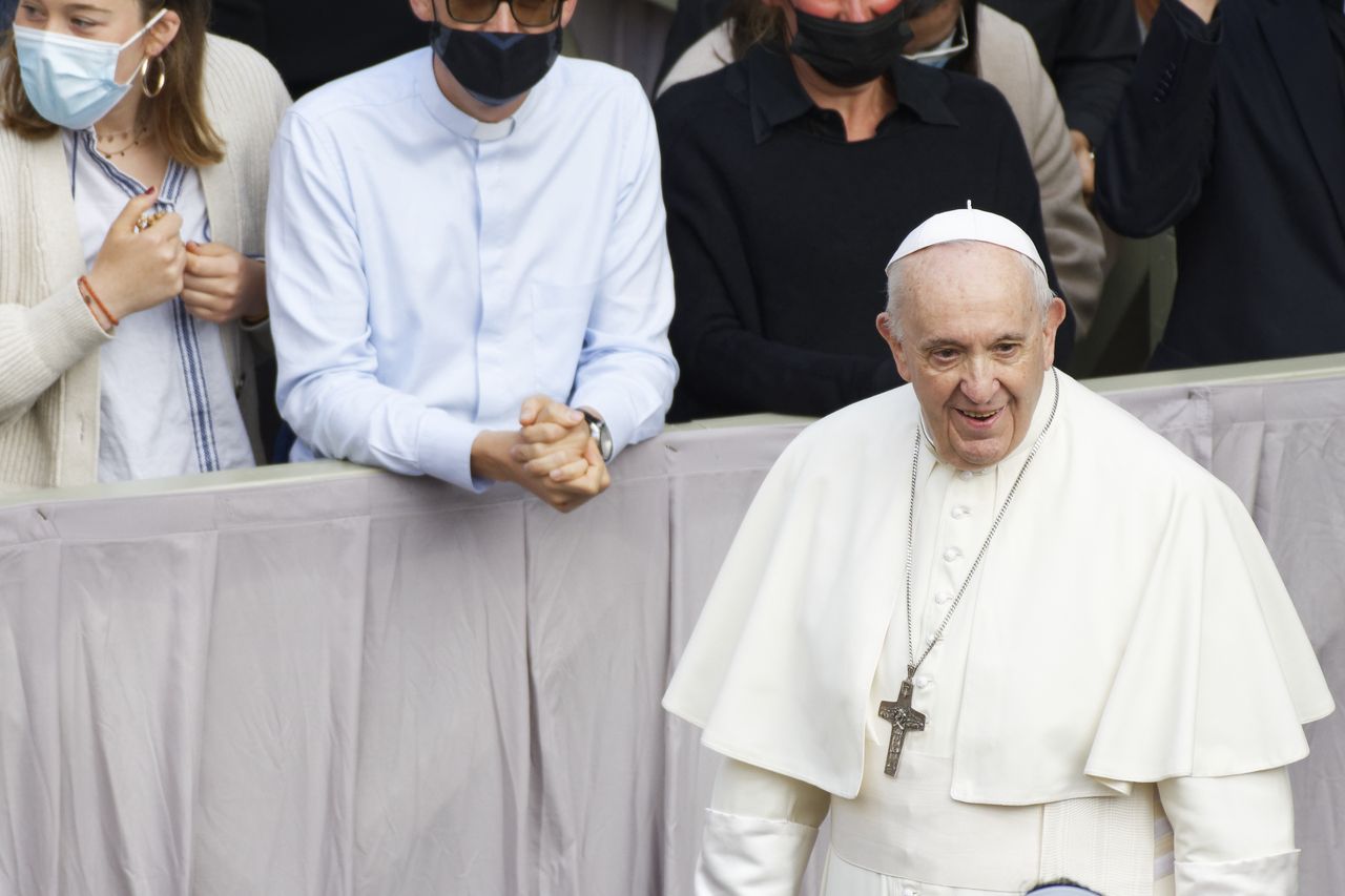 Pope Francis attends in the St. Damaso Courtyard at the Vatican for his weekly general audience, Wednesday, May 12, 2021.  (Photo by Massimo Valicchia/NurPhoto via Getty Images)