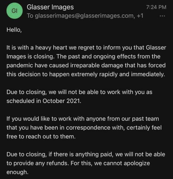 Mail rozesłany prze Glasser Images do klientów.