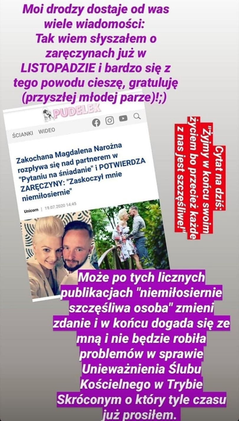 Dawid Narożny o zaręczynach byłej żony