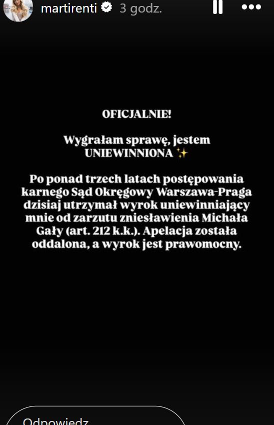 Marti renti o wygranej w sądzie
