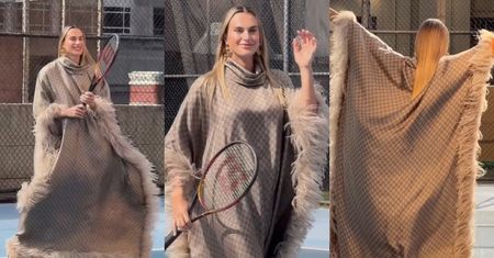 Aryna Sabalenka wymachuje rakietą w szarym ponczo Gucci. Wymarzona ambasadorka marki? (WIDEO)