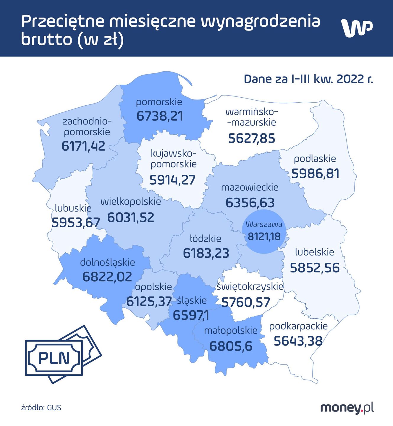 Przeciętne miesięczne wynagrodzenie brutto w podziale na województwa 