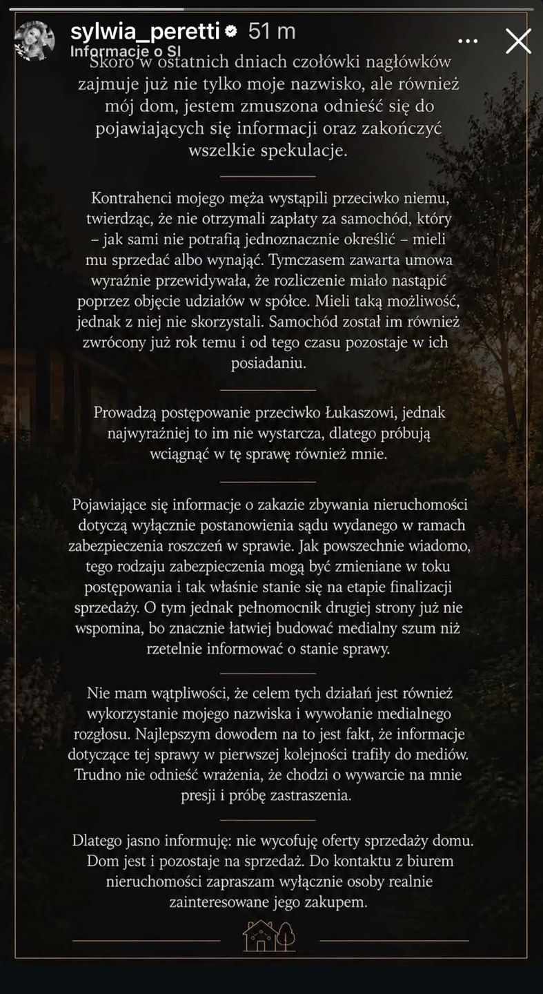 Sylwia Peretti wydała oświadczenie
