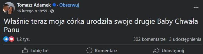 Tomasz Adamek po raz drugi został dziadkiem
