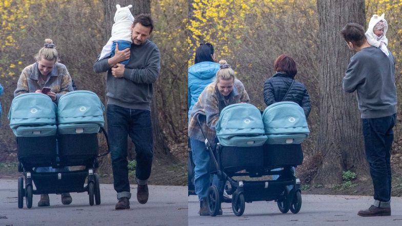 Bartłomiej Topa na spacerze z partnerką i córkami bliźniaczkami