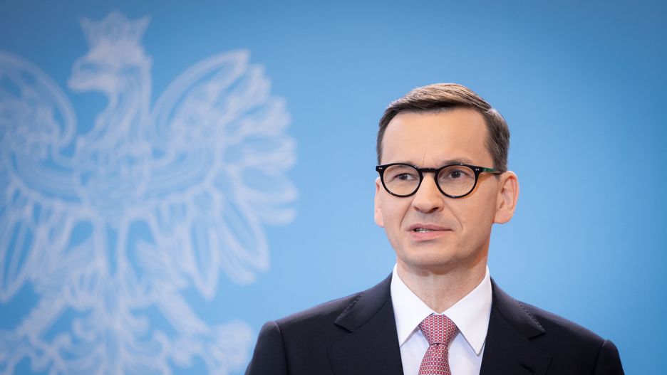 Polish Prime Minister Mateusz Morawiecki speaks during a joint press conference with Portuguese Prime Minister Antonio Costa, at the Chancellery in Warsaw, Poland on May 20, 2022 (Photo by Mateusz Wlodarczyk/NurPhoto via Getty Images)