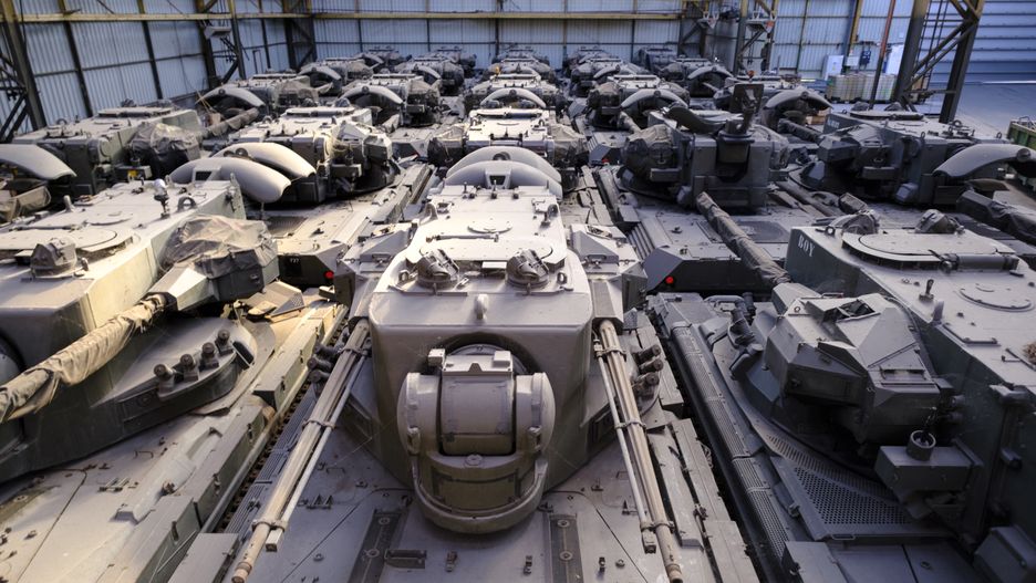 TOURNAI, BELGIUM - FEBRUARY 2: Anti-aircraft-gun tank 'Cheetah' (Flugabwehrkanonenpanzer Gepard  - Flakpanzer Gepard) are waiting to be used on February 2, 2023 in Tournai, Belgium. Belgian defence company OIP owns one the biggest European private reserve of weapons. Today, the head of the company Freddy Versluys hopes that this reserve of tank will find some use with the ongoing war in Ukraine. (Photo by Thierry Monasse/Getty Images)