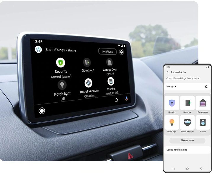 Aplikacja Samsung SmartThings w smartfonie i Androidzie Auto