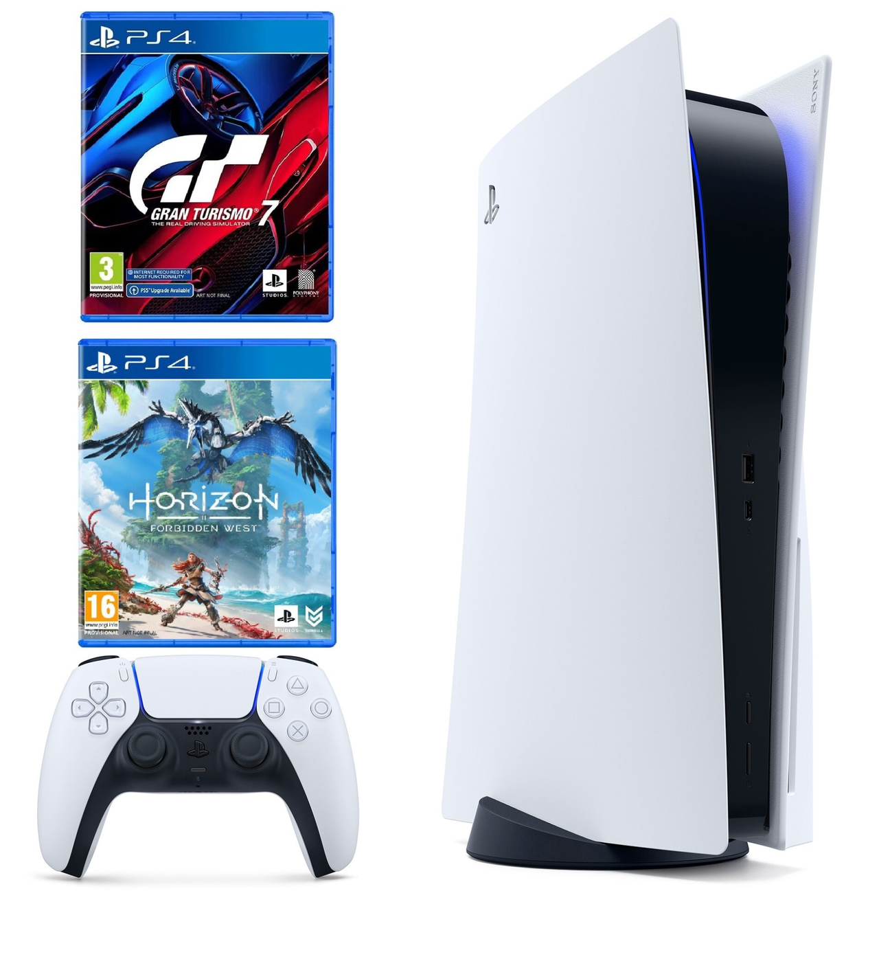 Konsola SONY PlayStation 5 + Gra PS4 Gran Turismo 7 + Gra PS4 Horizon Forbidden West. 
