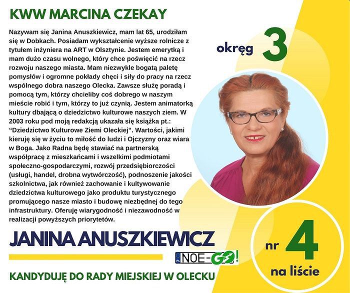 Grafika wyborcza Janiny Anuszkiewicz z 2018 roku