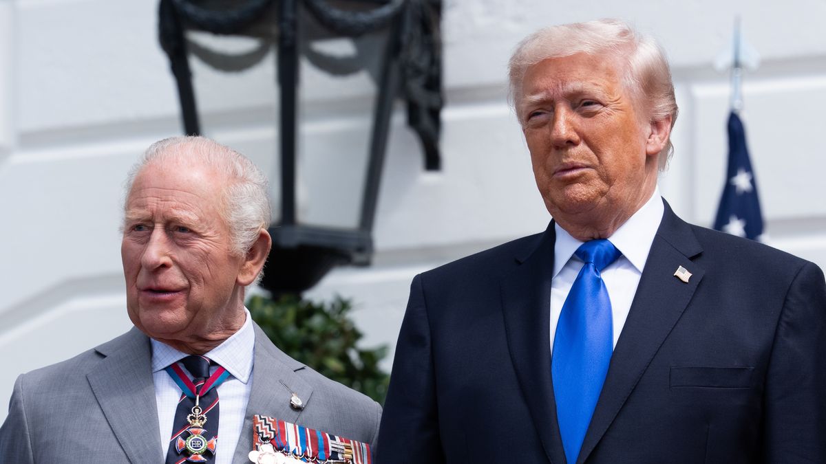 King Charles III, left, and US President Donald Trump during a departure ceremony at the South Portico of the White House in Washington, DC, US, on Thursday, April 30, 2026. King Charles III on Tuesday called on the US to maintain its leadership role in the world, and to support Ukraine and the North Atlantic Treaty Organization, in a remarkably pointed speech for a monarch that urged Americans to resist the pull of isolationism. Photographer: Aaron Schwartz/CNP/Bloomberg via Getty Images