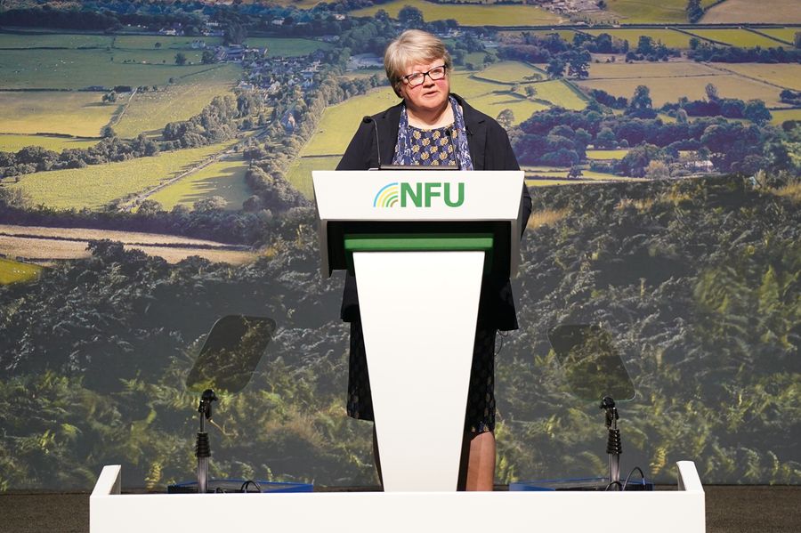 Environment Secretary Therese Coffey speaking during the National Farmers' Union Conference at the ICC, Birmingham. Picture date: Wednesday February 22, 2023. (Photo by Jacob King/PA Images via Getty Images)