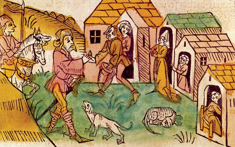 Scena przed domem publicznym. Niemiecki drzeworyt z 1477 r.