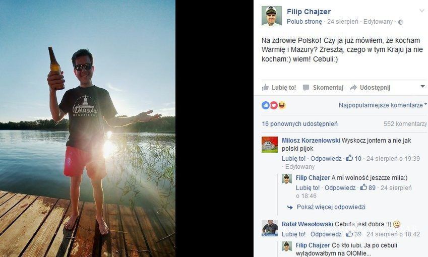 Szczupły Filip Chajzer na Mazurach