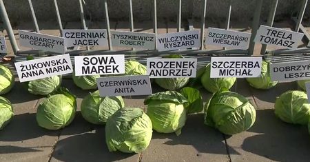 Protestujący rolnicy ułożyli przed Sejmem 356 główek kapusty