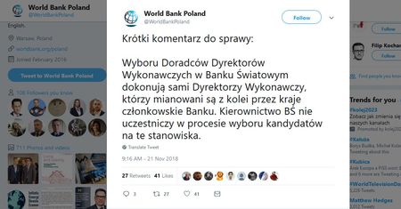 Bank Światowy: nasze kierownictwo nie uczestniczy w procesie wyboru kandydatów na stanowiska doradców