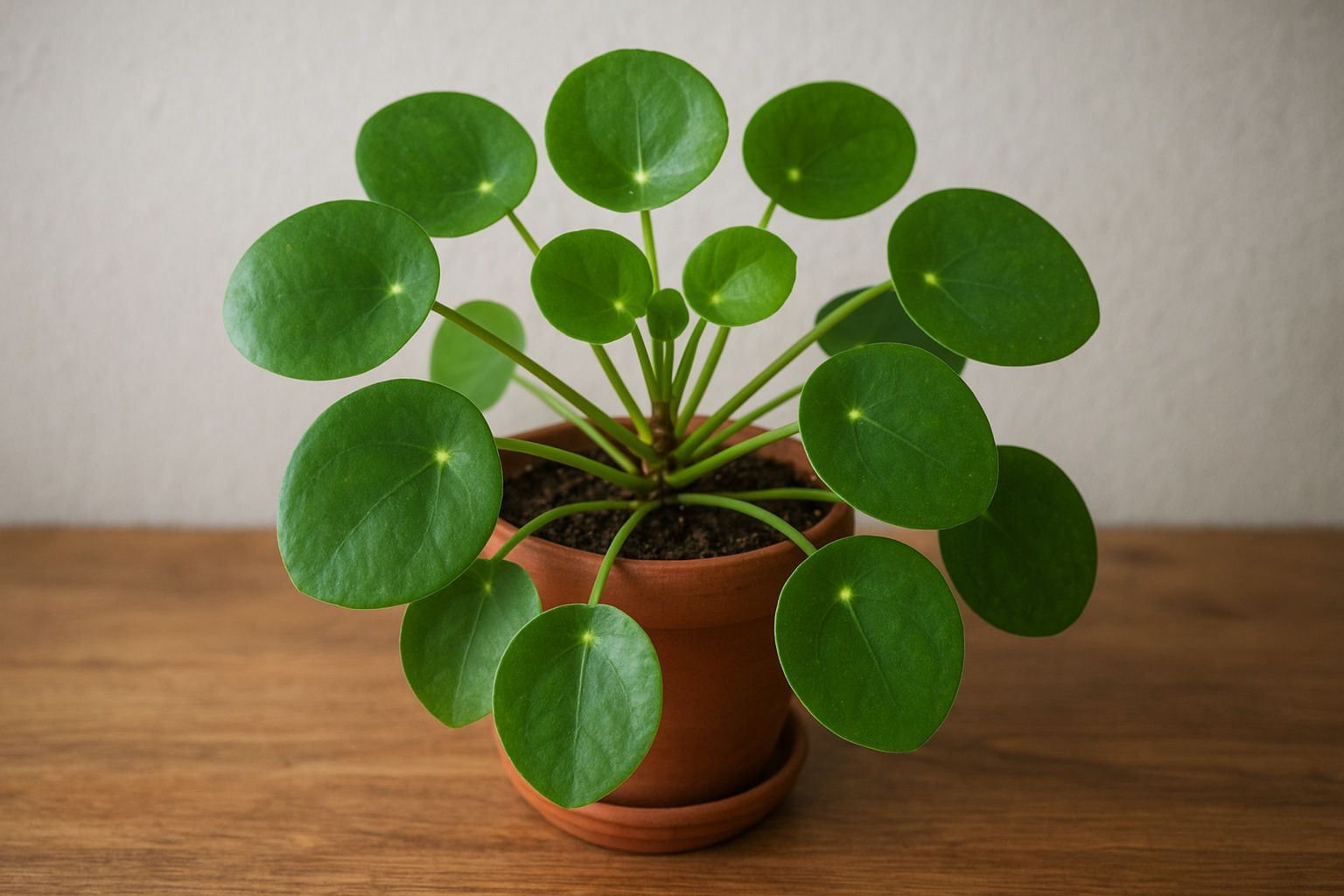 Pilea Peperomioides – roślina szczęścia w nowoczesnym wnętrzu, okrągłe liście w jasnej doniczce – ilustracja artykułu