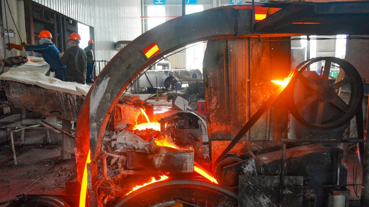 Copper water flows out of the workshop through a specific channel and enters the copper billet casting process in Anqing City, Anhui Province, China, on July 11, 2025. (Photo by Costfoto/NurPhoto via Getty Images)
