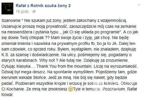 Rafał Kowal z "Rolnik szuka żony 2." zaapelował do fanek