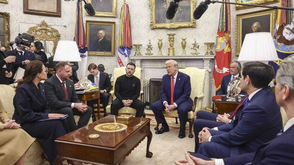 Temporary
US President Donald Trump (3-R) meets with Ukrainian President Volodymyr Zelensky (4-L) in the Oval Office of the White House in Washington, DC, USA, 28 February 2025. Zelensky is in Washington to sign the framework of a deal, pushed by President Trump, to share Ukraines?s mineral wealth with the US.
Pool/ABACA