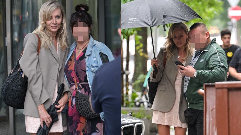 Agnieszka Woźniak-Starak zwinnie omija kałuże w modnych botkach i letniej sukience