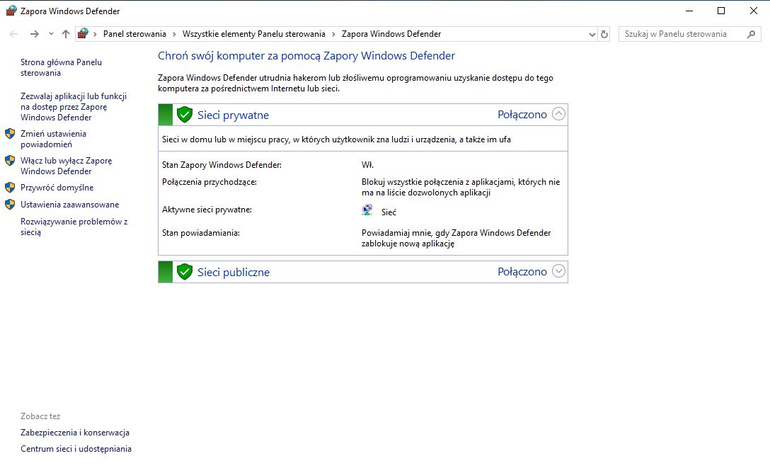 Ustawienia zapory w ramach funkcji Windows Defender.