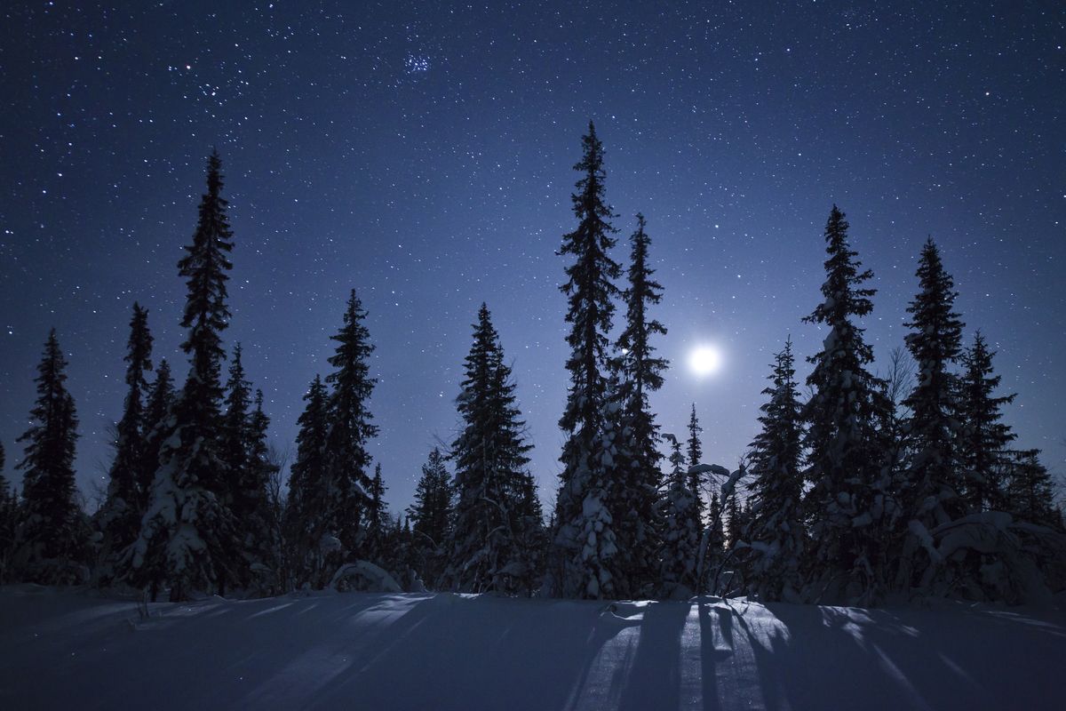 Pełnia księżyca podczas zimowej nocy w Kirunie w Szwecji