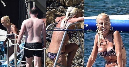 Pomarszczona Donatella Versace opala się w bikini (ZDJĘCIA)