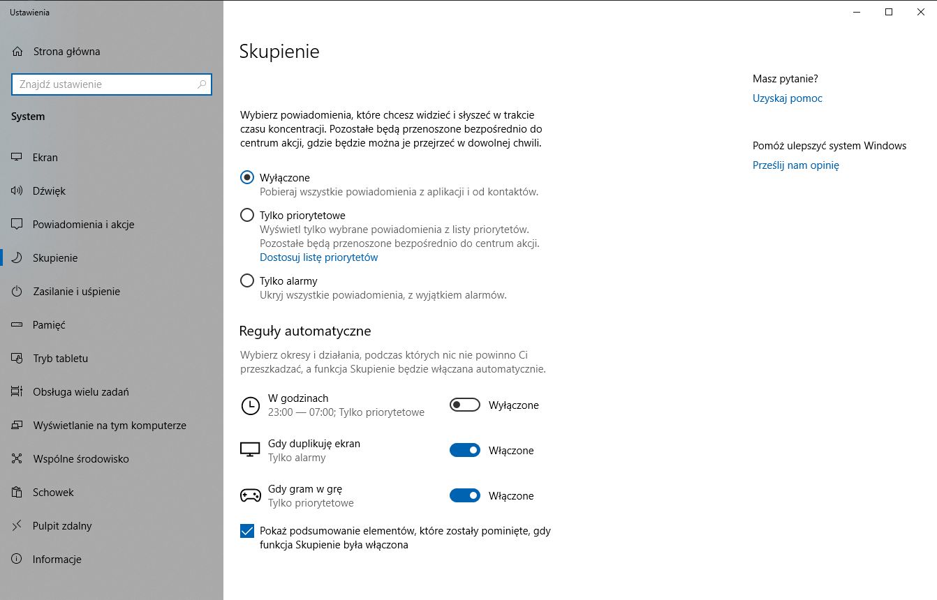 Ustawienia Skupienia w Windows 10.