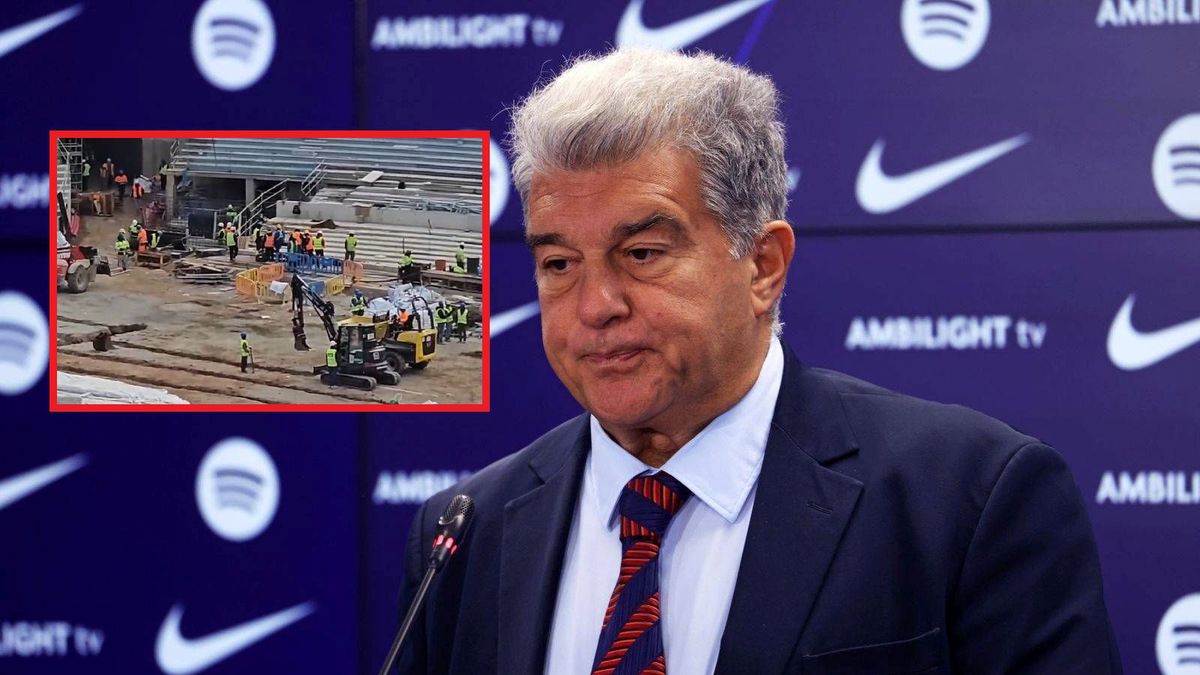 Getty Images / Joan Valls/Urbanandsport /NurPhoto via Getty Images/Twitter / Na dużym zdjęciu Joan Laporta, na małym remont Camp Nou