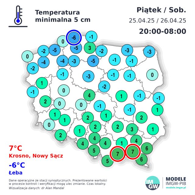 To była noc ze znacznymi spadkami temperatury przy gruncie. Miejscami nawet do -6°C
